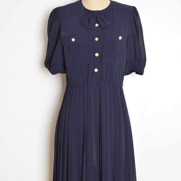vintage 80s dress navy blue pleated bow military secretary midi tea dress M - Picture 2 of 9